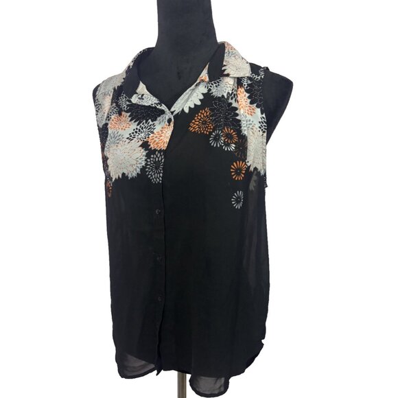 H&M BLACK ORANGE SHEER FLORAL 100% POLYESTER SLEEVELESS SHIRT TANK BLOUSE TOP 8 - Picture 4 of 12